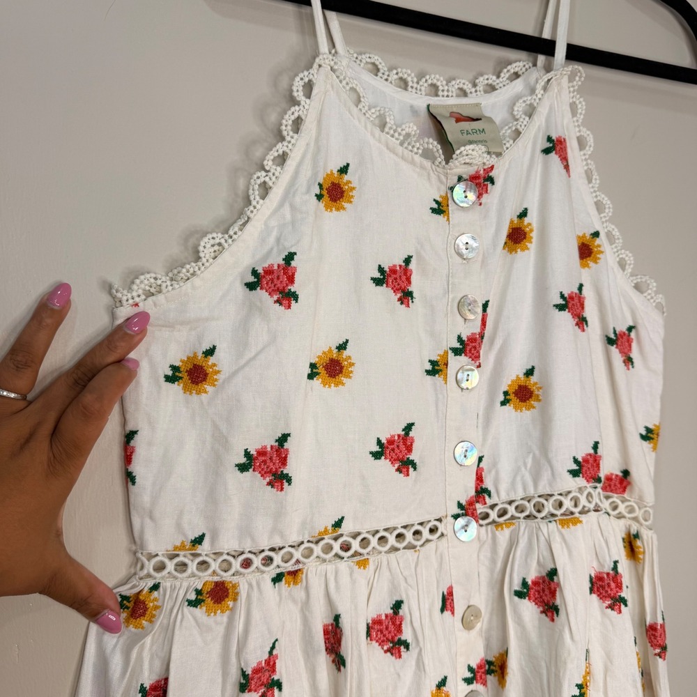 #11 FARM RIO Dress Sz. M PTP: 13" - 15" Floral Cross Stitch Linen Blend Crochet - Picture 3 of 11